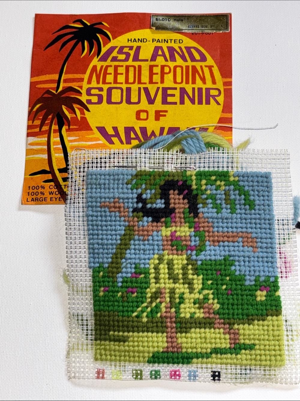 Hawaiian Needlepoint Vintage 70s Hula Girl Embroidery Souvenir Needlepoint